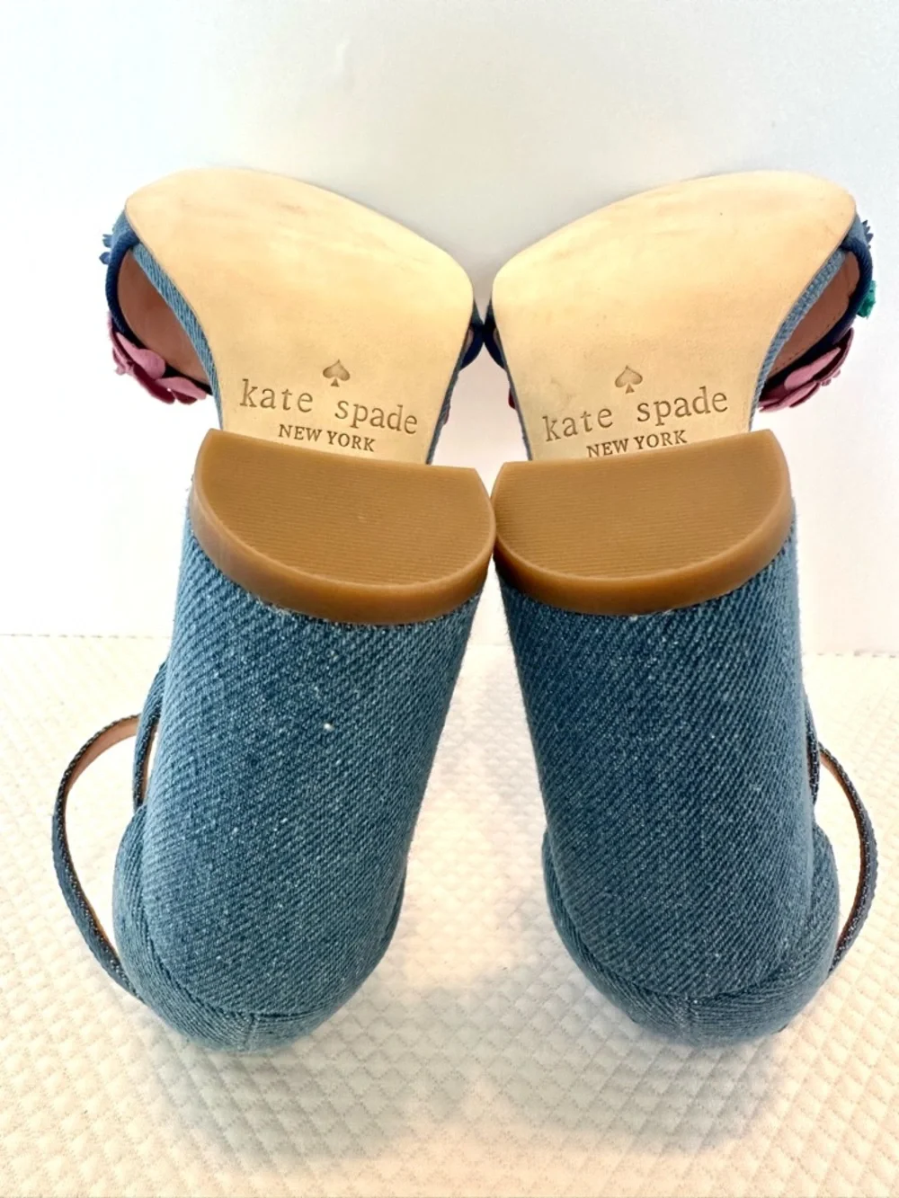 Kate Spade NY RARE Blue Denim Block Heel Sandals with Floral Appliqué Festive - Picture 7 of 10